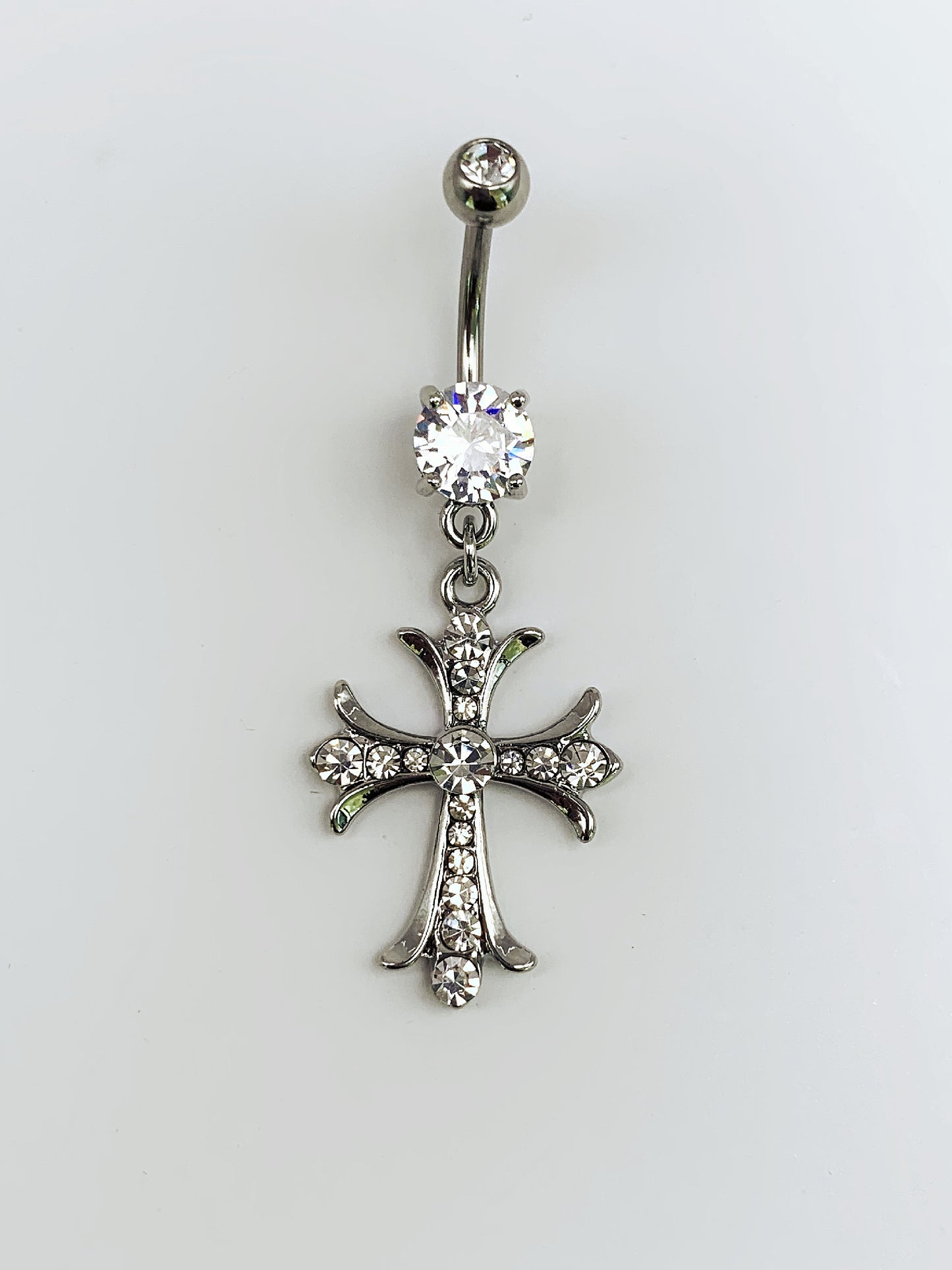 Cross Dangle Belly Ring with Cubic Zirconia -14 Gauge, Surgical Steel