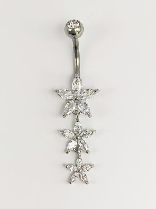 Triple Flower Dangle Belly Ring with Cubic Zirconia -14 Gauge, Surgical Steel