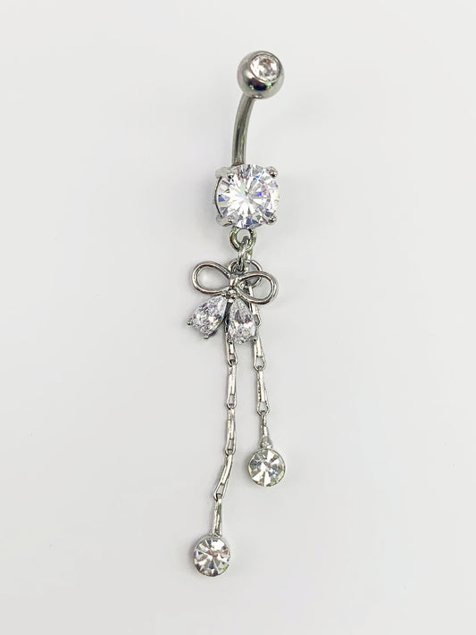 Bow Tie Dangle Belly Ring with Cubic Zirconia -14 Gauge, Surgical Steel