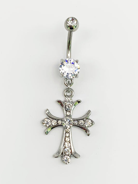 Cross Dangle Belly Ring with Cubic Zirconia -14 Gauge, Surgical Steel