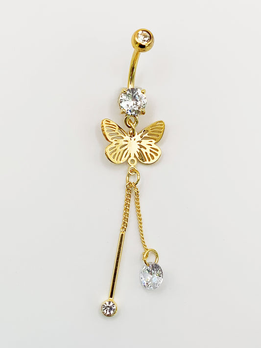 Butterfly Dangle Belly Ring with Cubic Zirconia -14 Gauge, Surgical Steel