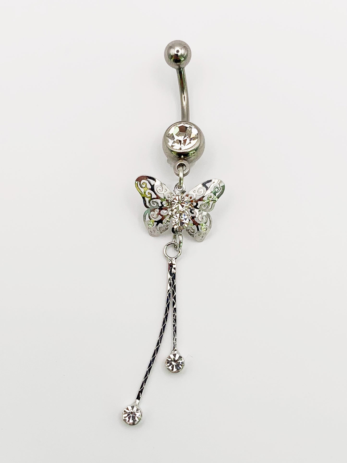 Butterfly Dangle Belly Ring with Cubic Zirconia -14 Gauge, Surgical Steel