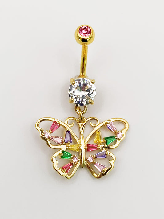 Colorful Butterfly Dangle Belly Ring with Cubic Zirconia -14 Gauge, Surgical Steel