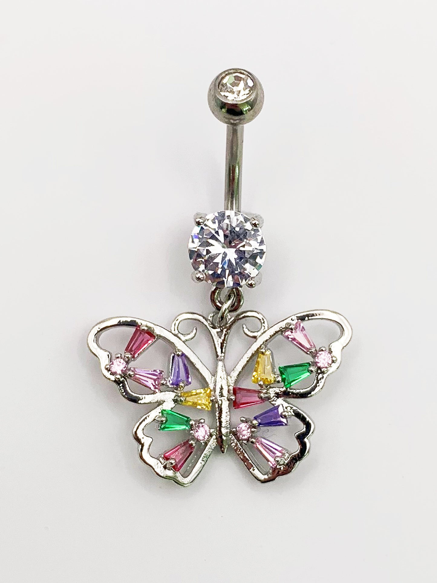 Colorful Butterfly Dangle Belly Ring with Cubic Zirconia -14 Gauge, Surgical Steel