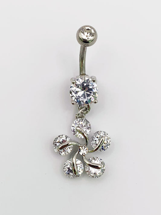 Crystal Flower Dangle Belly Ring with Cubic Zirconia -14 Gauge, Surgical Steel