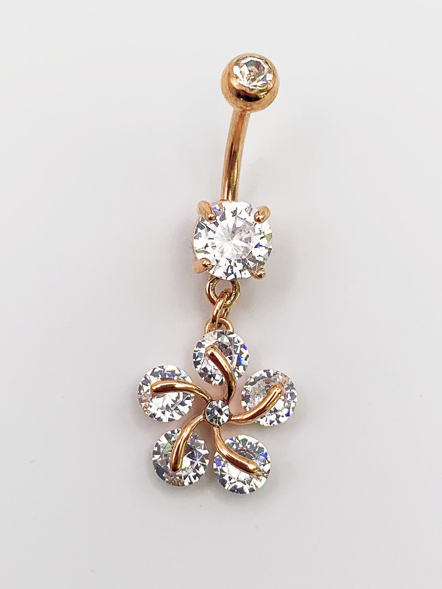 Crystal Flower Dangle Belly Ring with Cubic Zirconia -14 Gauge, Surgical Steel