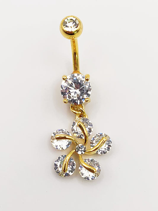 Crystal Flower Dangle Belly Ring with Cubic Zirconia -14 Gauge, Surgical Steel