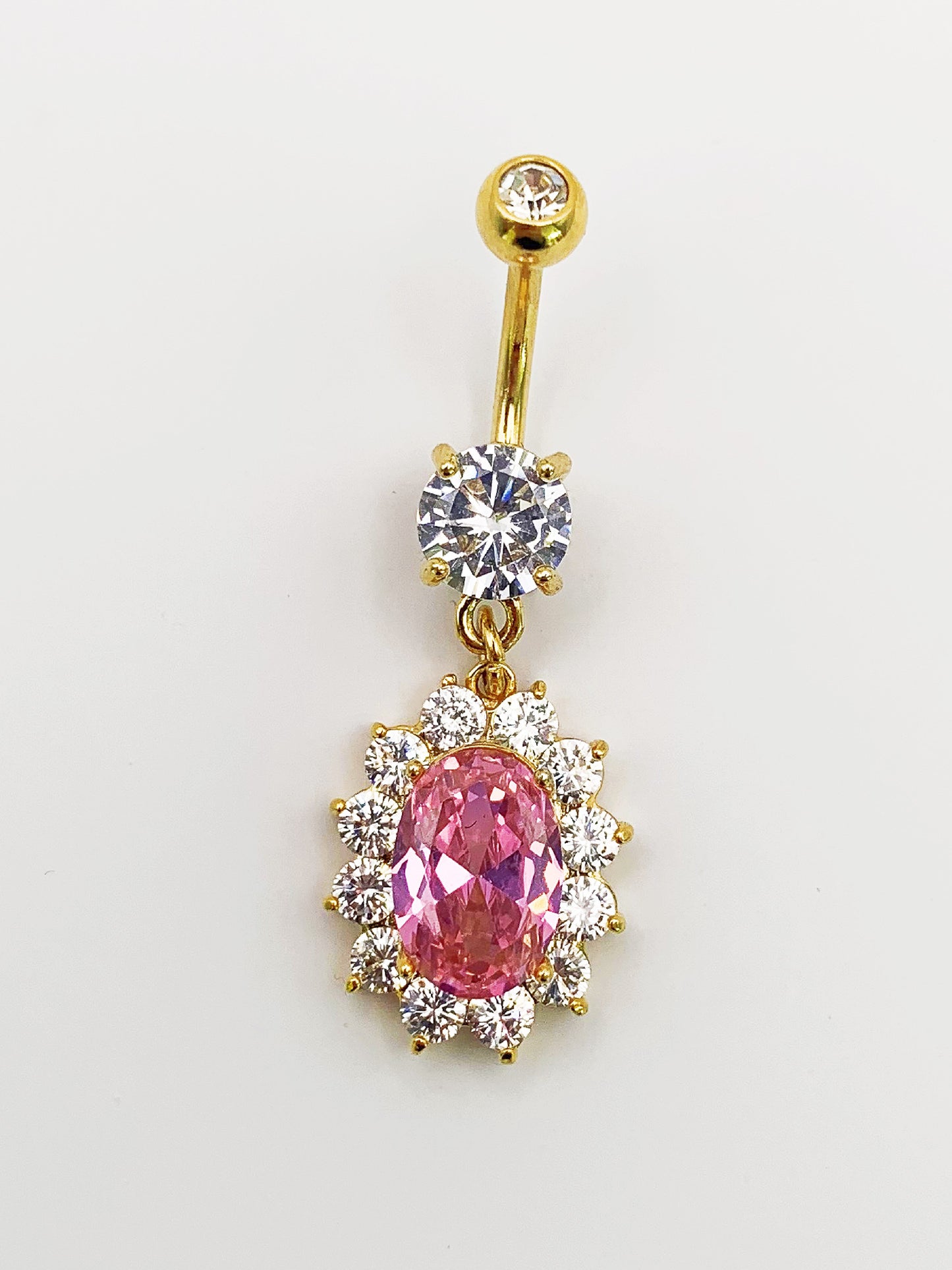 Pink Oval Dangle Belly Ring with Cubic Zirconia -14 Gauge, Surgical Steel