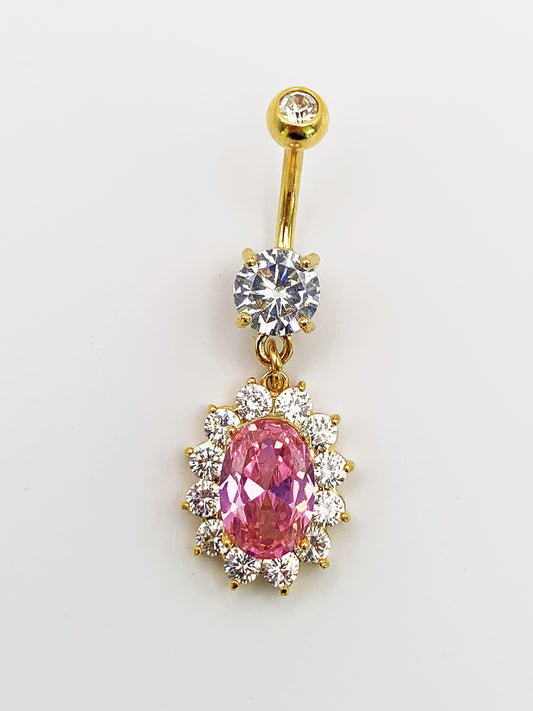 Pink Oval Dangle Belly Ring with Cubic Zirconia -14 Gauge, Surgical Steel