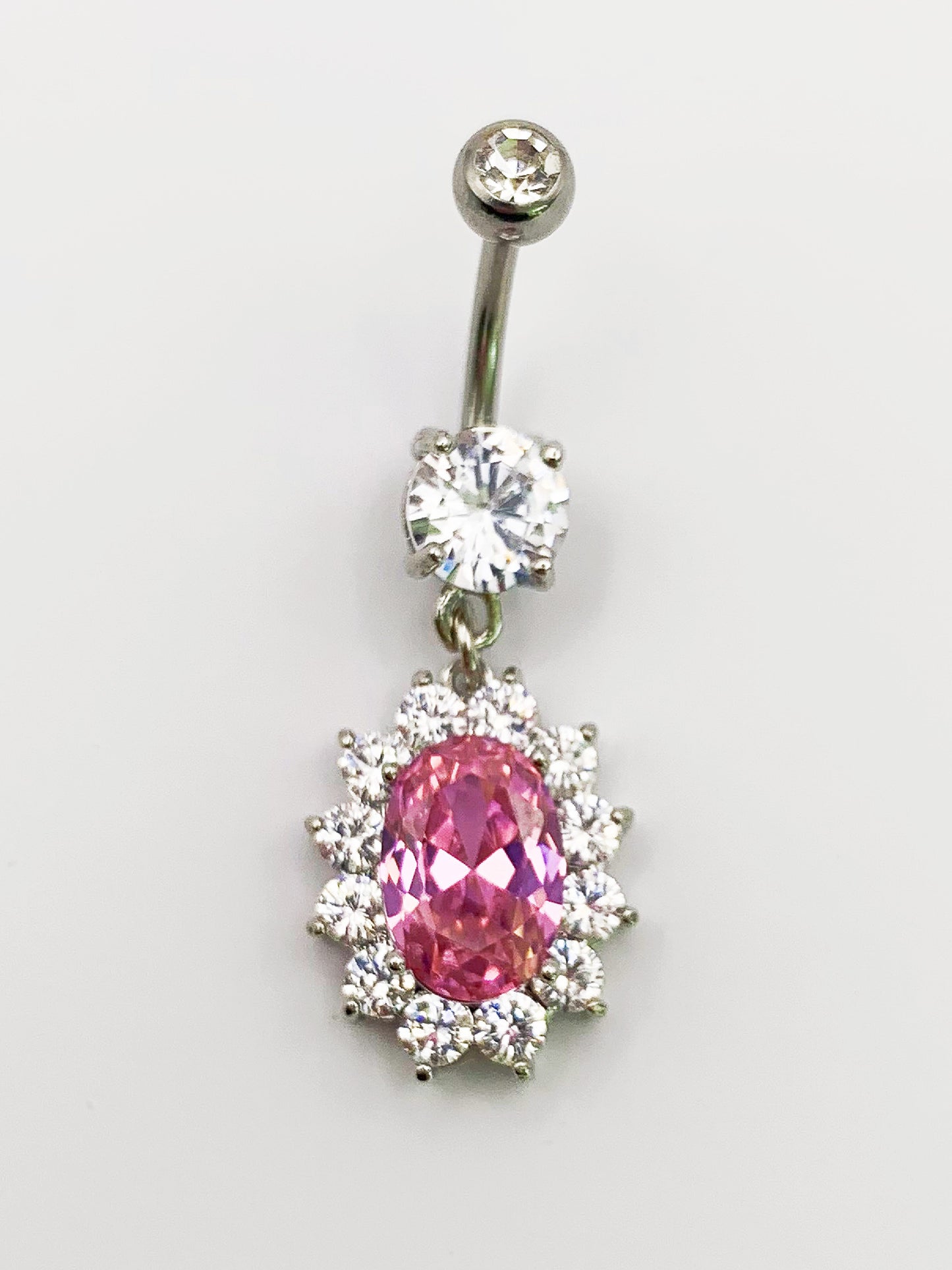 Pink Oval Dangle Belly Ring with Cubic Zirconia -14 Gauge, Surgical Steel