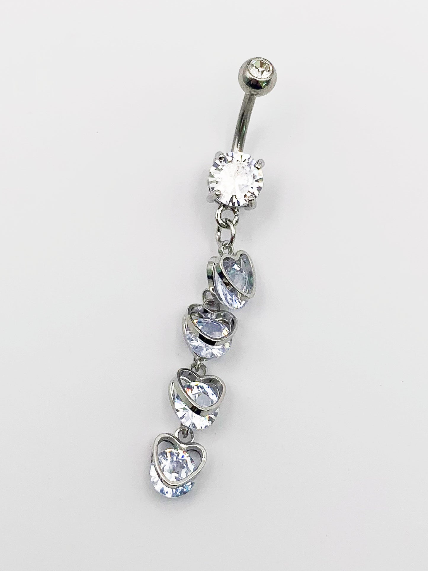 Crystal Hearts Dangle Belly Ring with Cubic Zirconia -14 Gauge, Surgical Steel