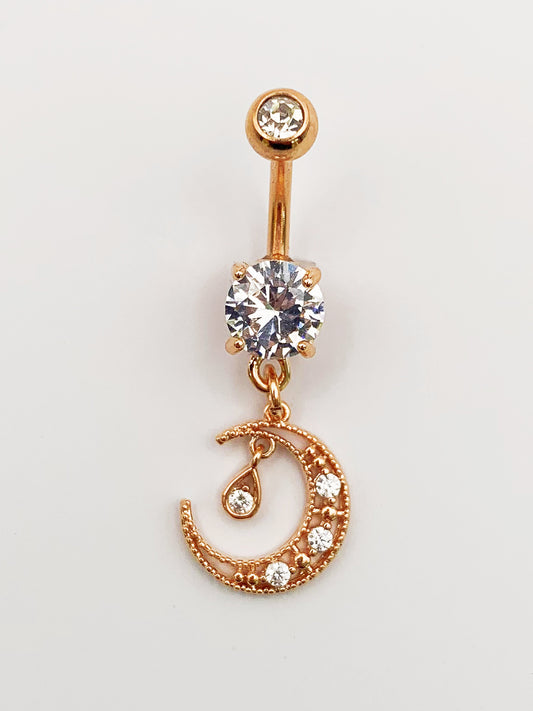 Crystal Moon Dangle Belly Ring with Cubic Zirconia -14 Gauge, Surgical Steel