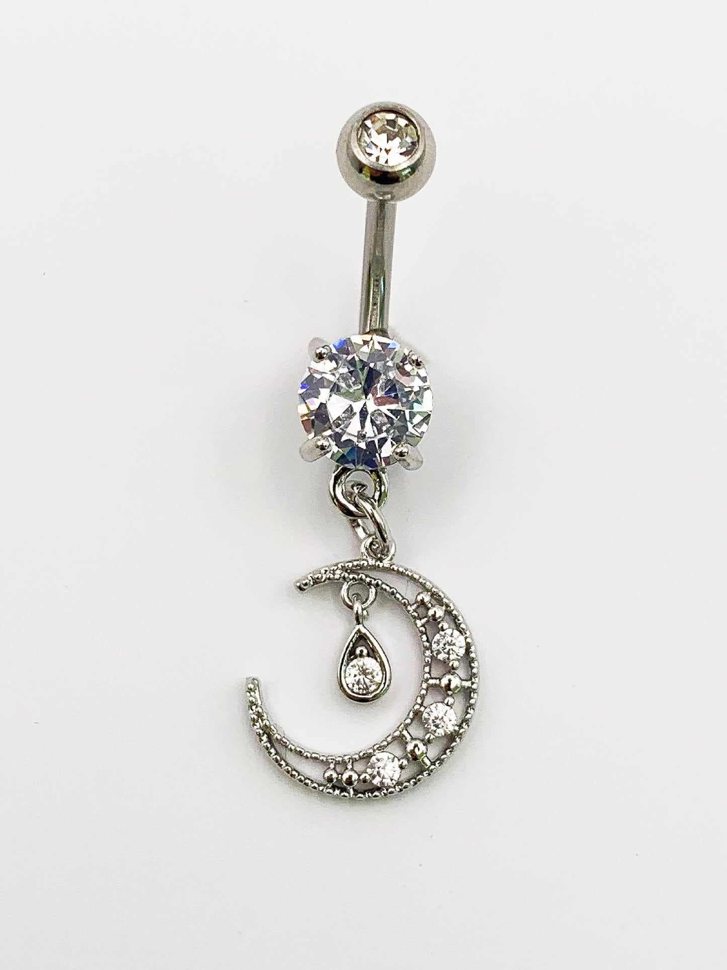 Crystal Moon Dangle Belly Ring with Cubic Zirconia -14 Gauge, Surgical Steel