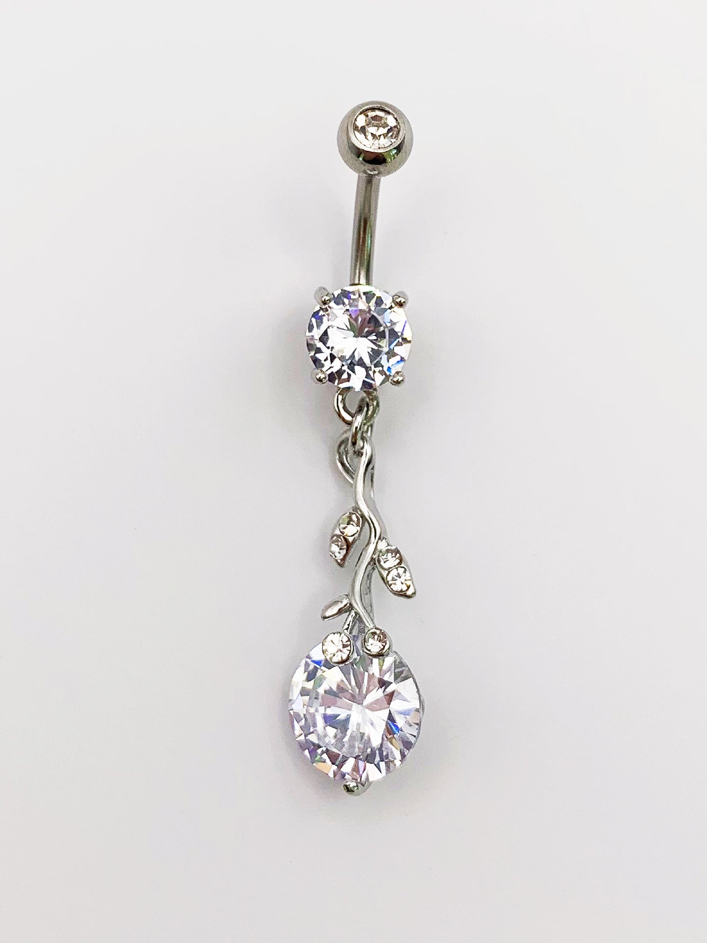 Leaves Dangle Belly Ring with Cubic Zirconia -14 Gauge, Surgical Steel