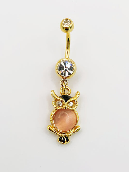 Owl Dangle Belly Ring with Cubic Zirconia -14 Gauge, Surgical Steel