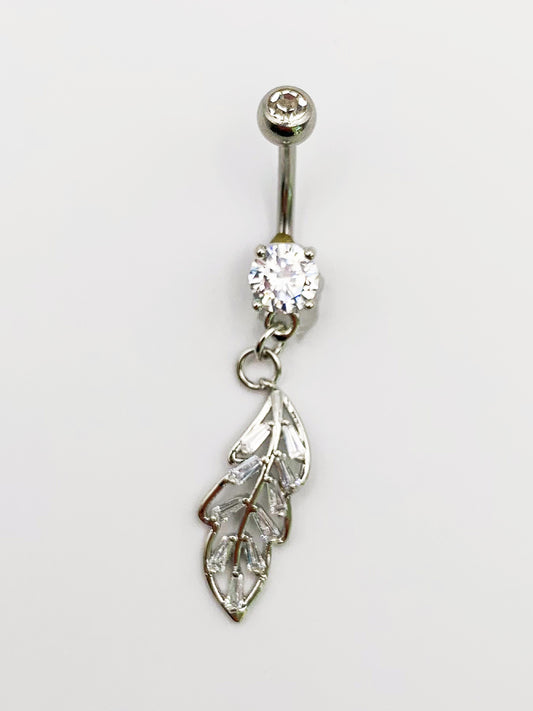 Feather leaves Dangle Belly Ring with Cubic Zirconia -14 Gauge, Surgical Steel