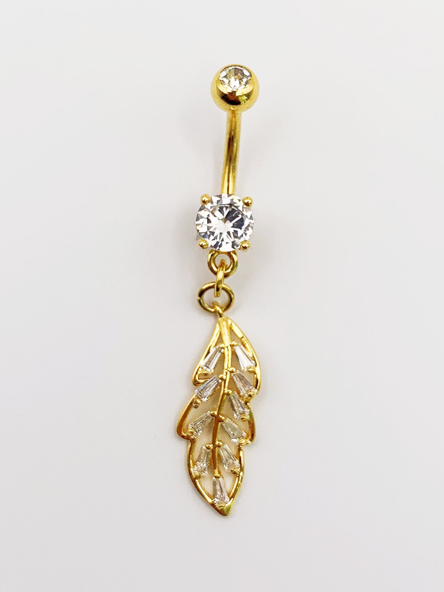 Feather leaves Dangle Belly Ring with Cubic Zirconia -14 Gauge, Surgical Steel