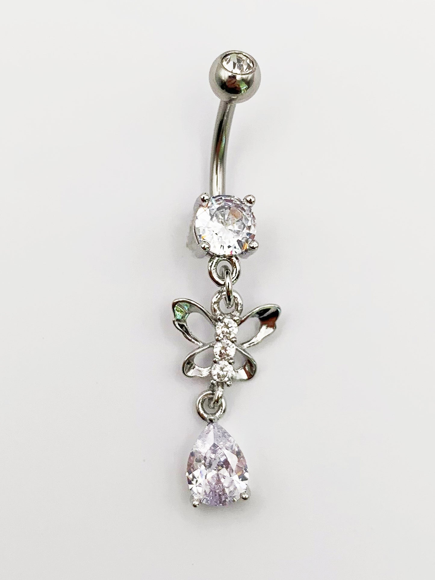 Butterfly Crystal Dangle Belly Ring with Cubic Zirconia -14 Gauge, Surgical Steel