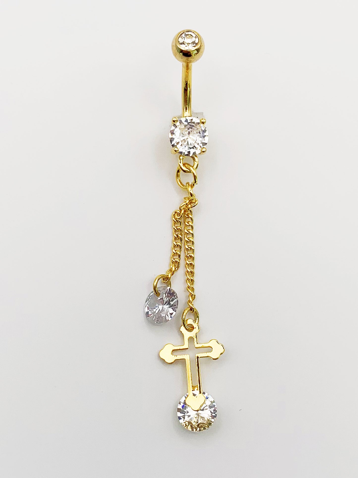 Cross Chain Dangle Belly Ring with Cubic Zirconia -14 Gauge, Surgical Steel