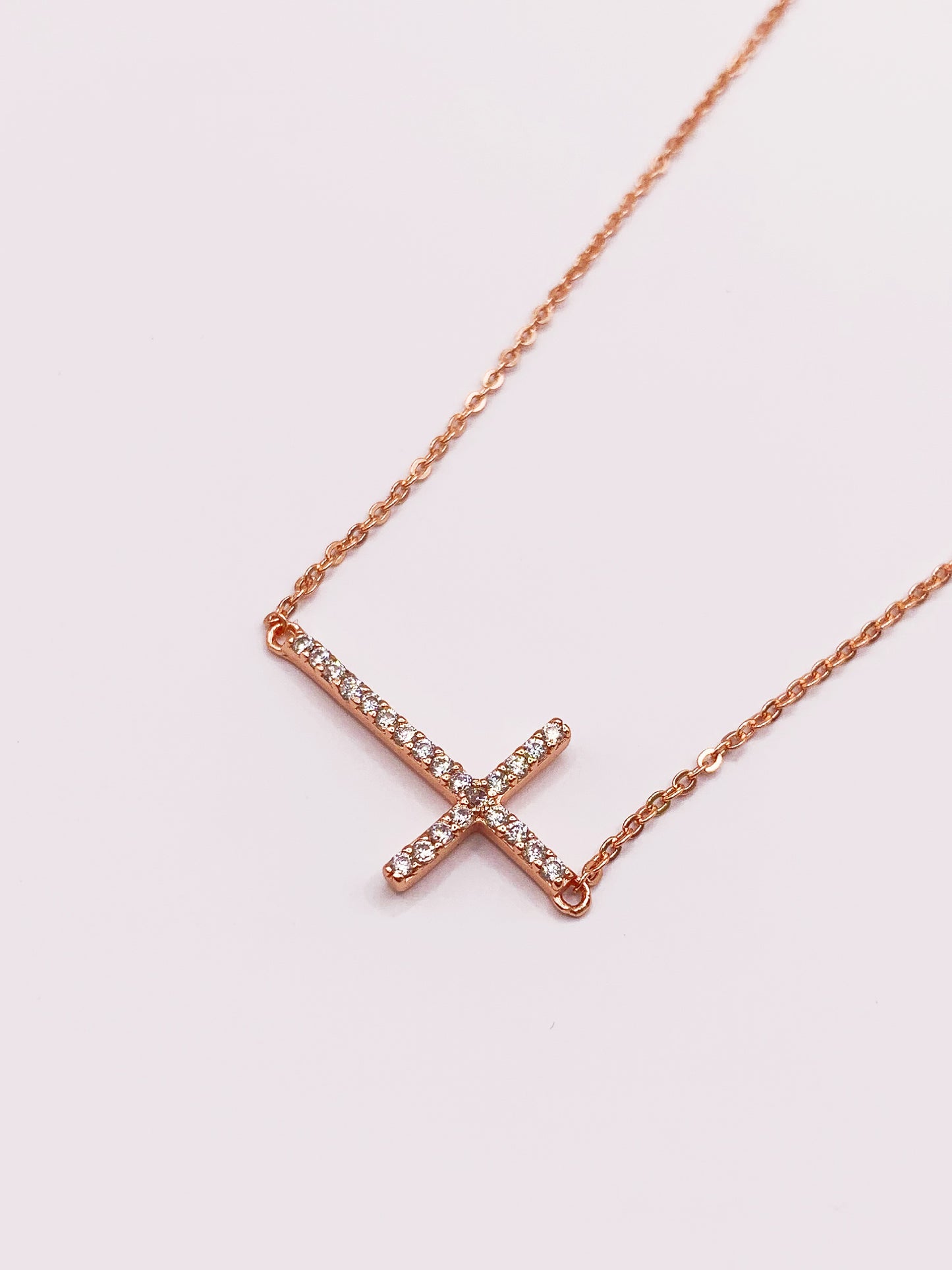 Crystal Cross Necklace in Rose Gold-Bonded Sterling Silver- 16-18 Inches