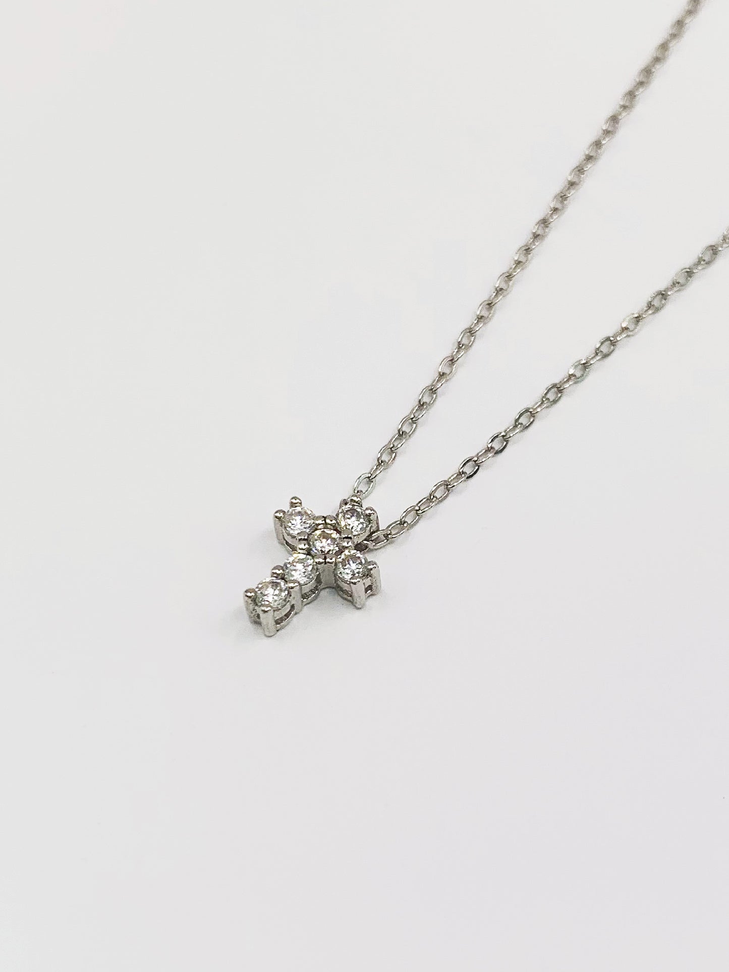 Tiny Crystal Cross Necklace in Sterling Silver- 16-18 Inches