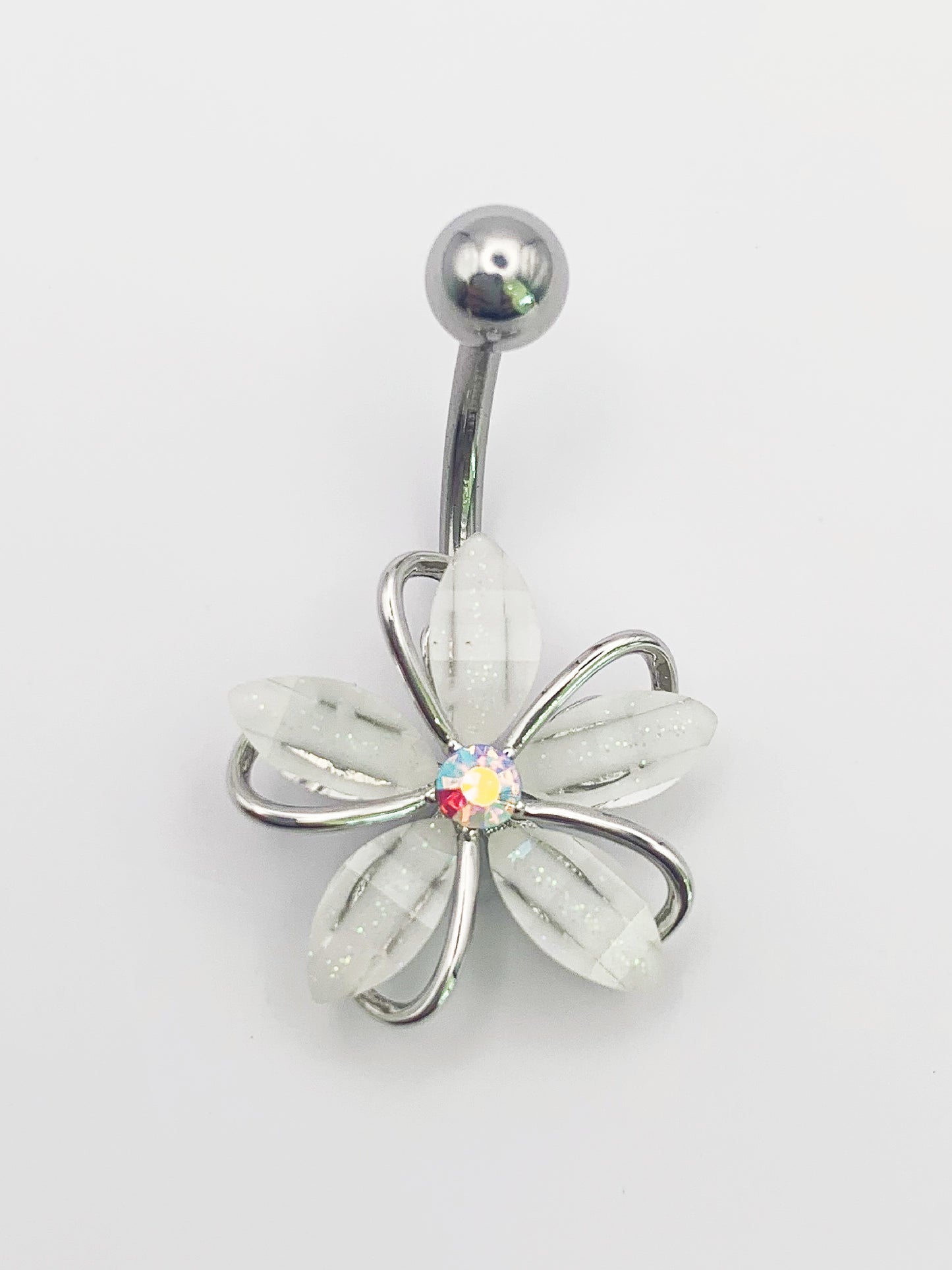 White Flower Belly Ring-14 Gauge, Surgical Steel