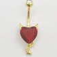 Red Heart Devil Belly Ring with Cubic Zirconia -14 Gauge, Surgical Steel