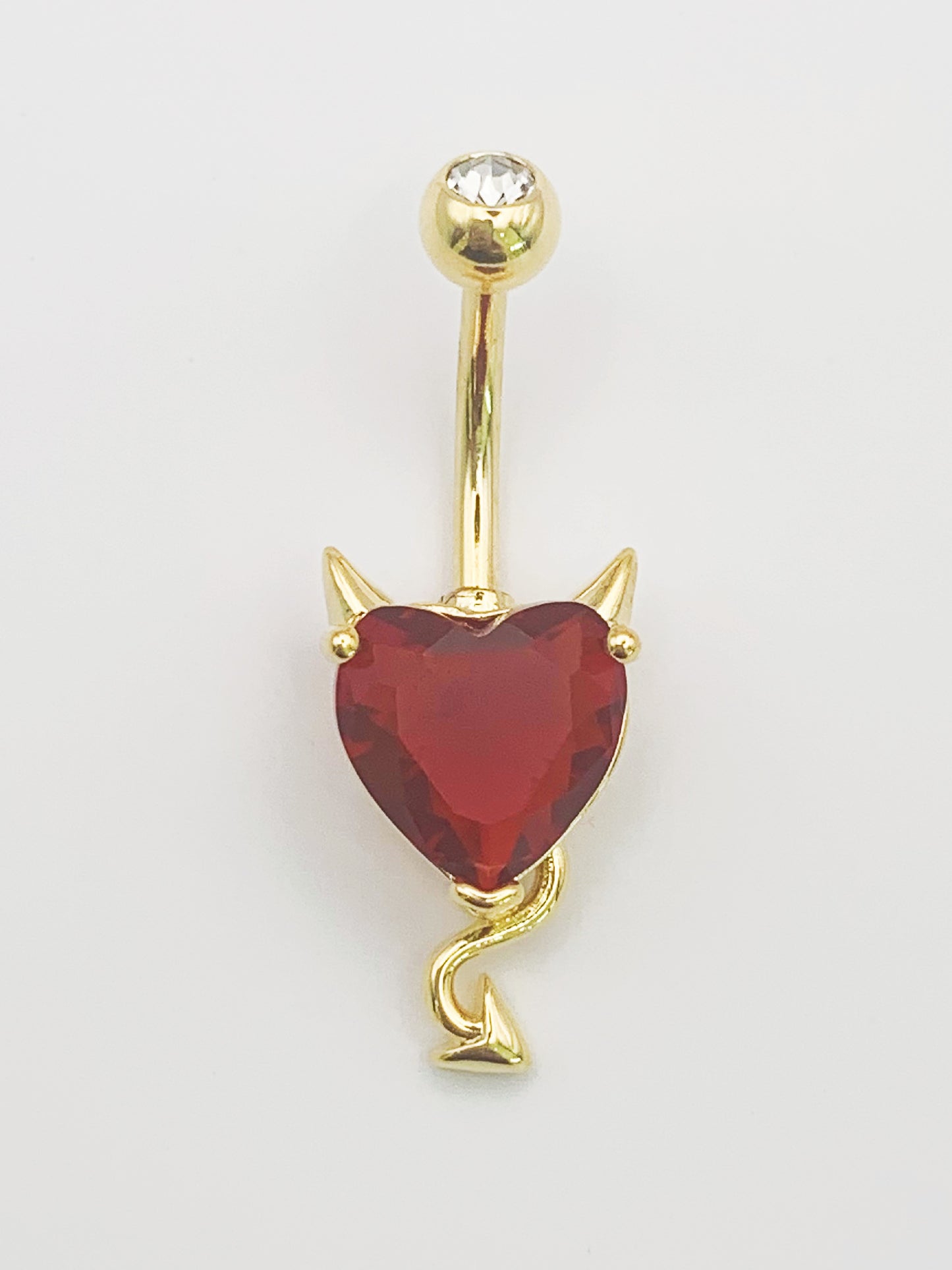 Red Heart Devil Belly Ring with Cubic Zirconia -14 Gauge, Surgical Steel