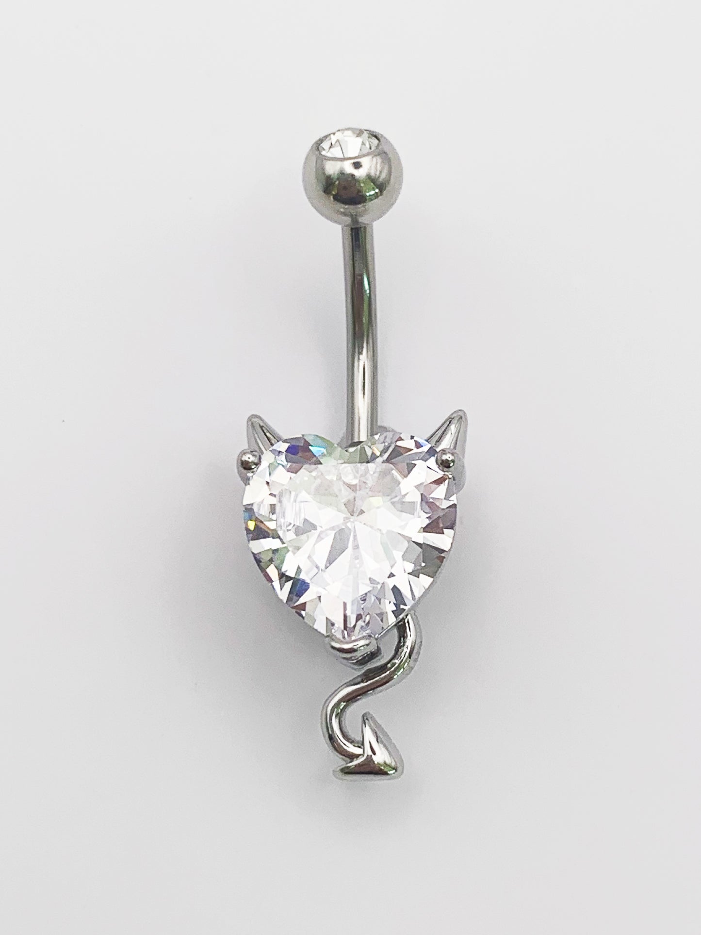 Clear Heart Devil Belly Ring with Cubic Zirconia-14 Gauge, Surgical Steel