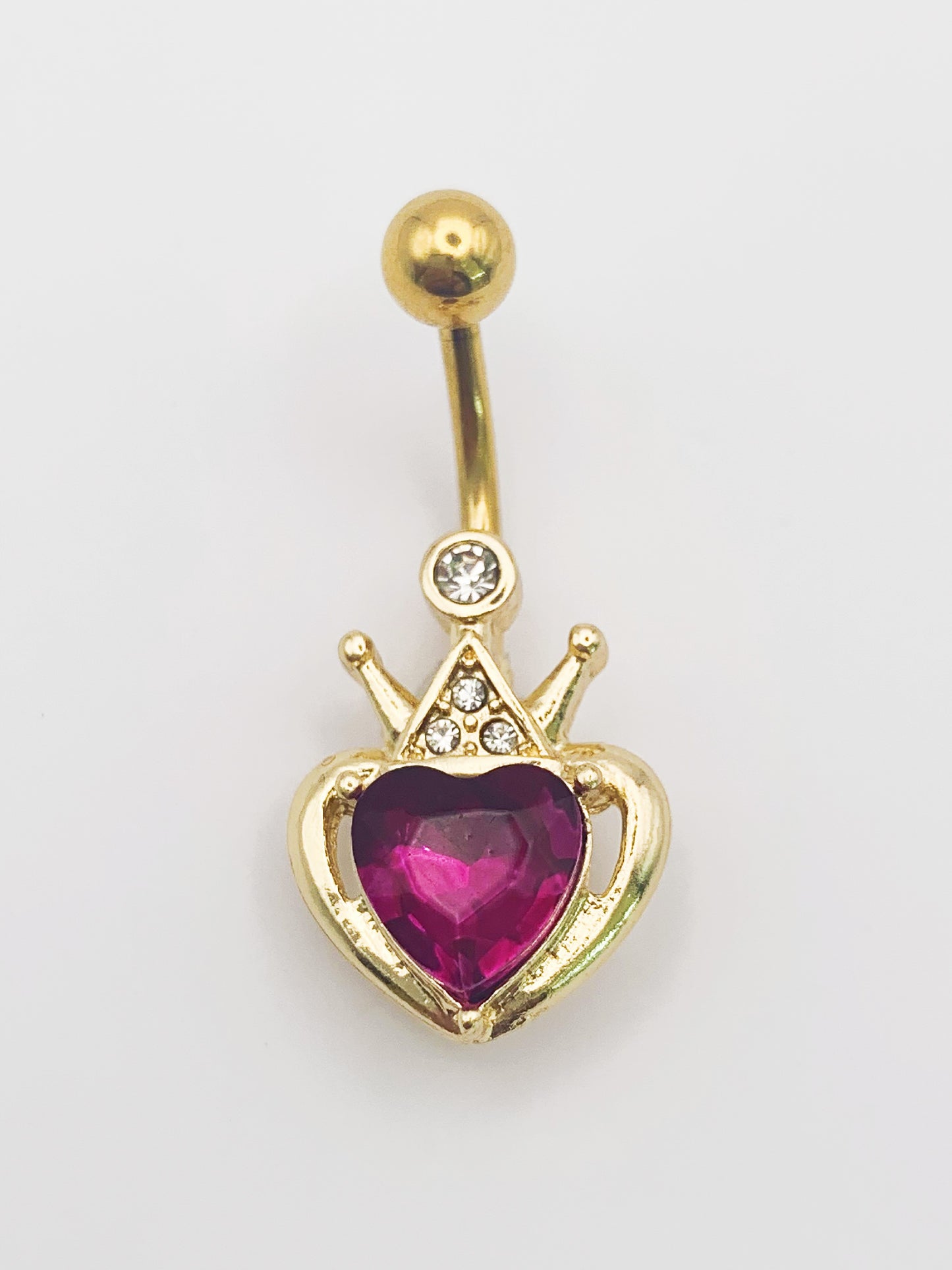 Red Heart with Crown Belly Ring with Cubic Zirconia -14 Gauge, Surgical Steel