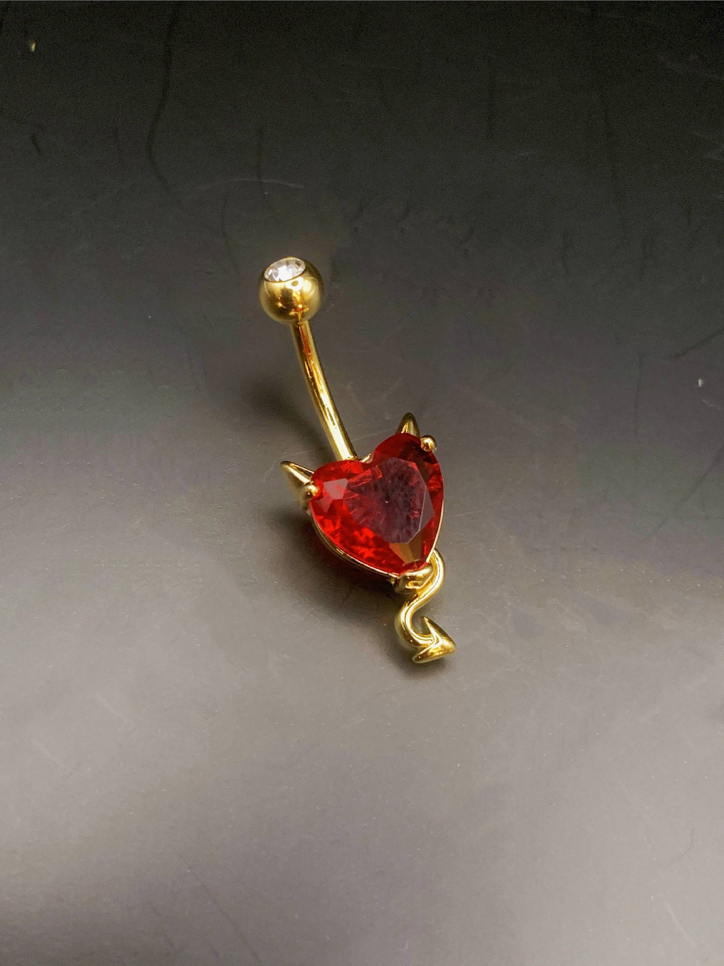 Red Heart Devil Belly Ring with Cubic Zirconia -14 Gauge, Surgical Steel