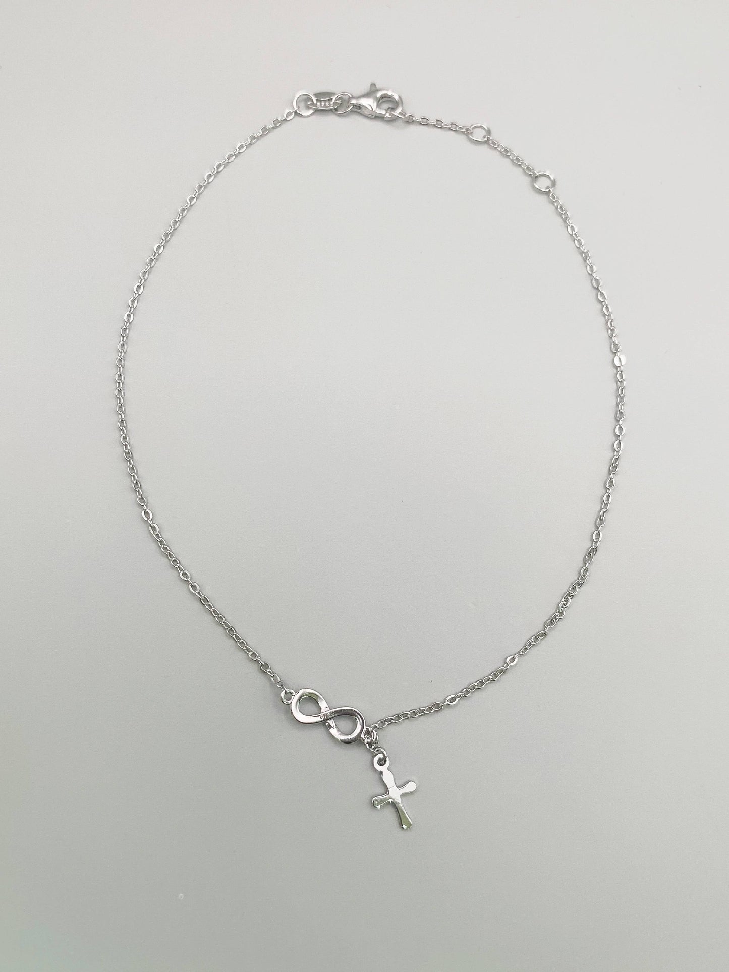 Infinity And Dangle Cross Anklet in Sterling Silver- 9, 9.5 and 10 Inches Adjustable