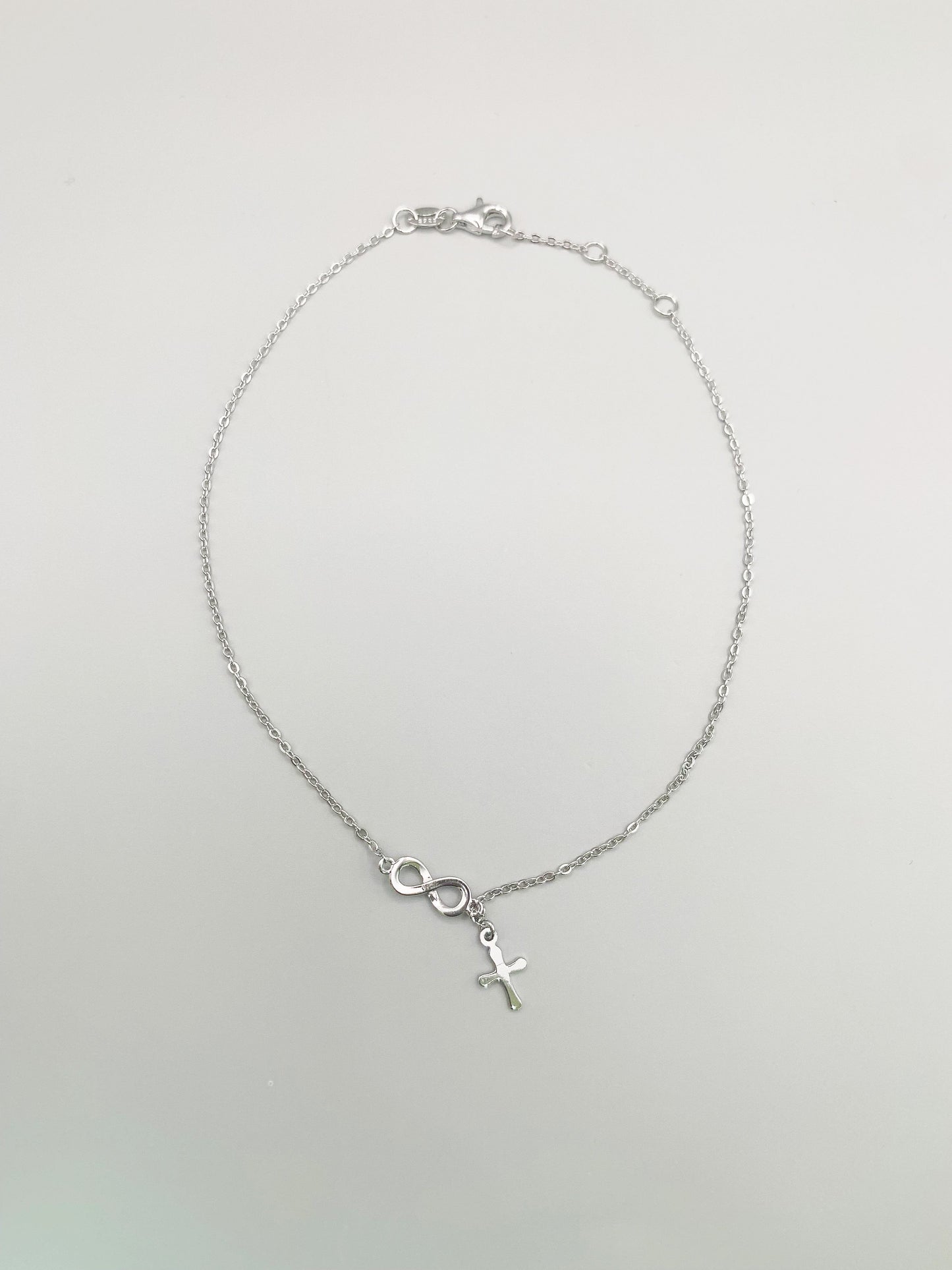 Infinity And Dangle Cross Anklet in Sterling Silver- 9, 9.5 and 10 Inches Adjustable