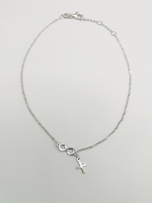 Infinity And Dangle Cross Anklet in Sterling Silver- 9, 9.5 and 10 Inches Adjustable