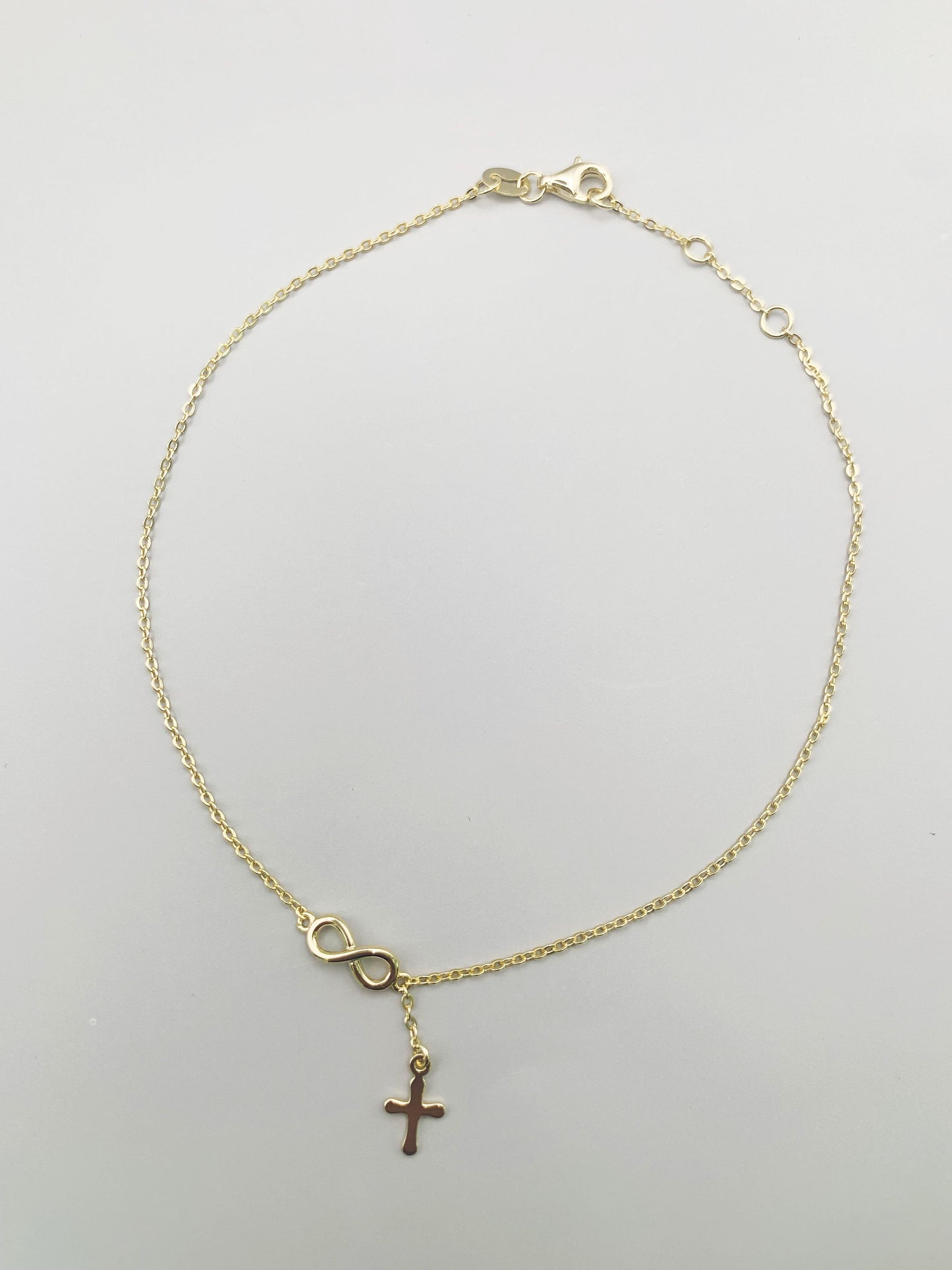 Infinity And Dangle Cross Anklet in Gold-Bonded Sterling Silver- 9, 9.5 and 10 Inches Adjustable