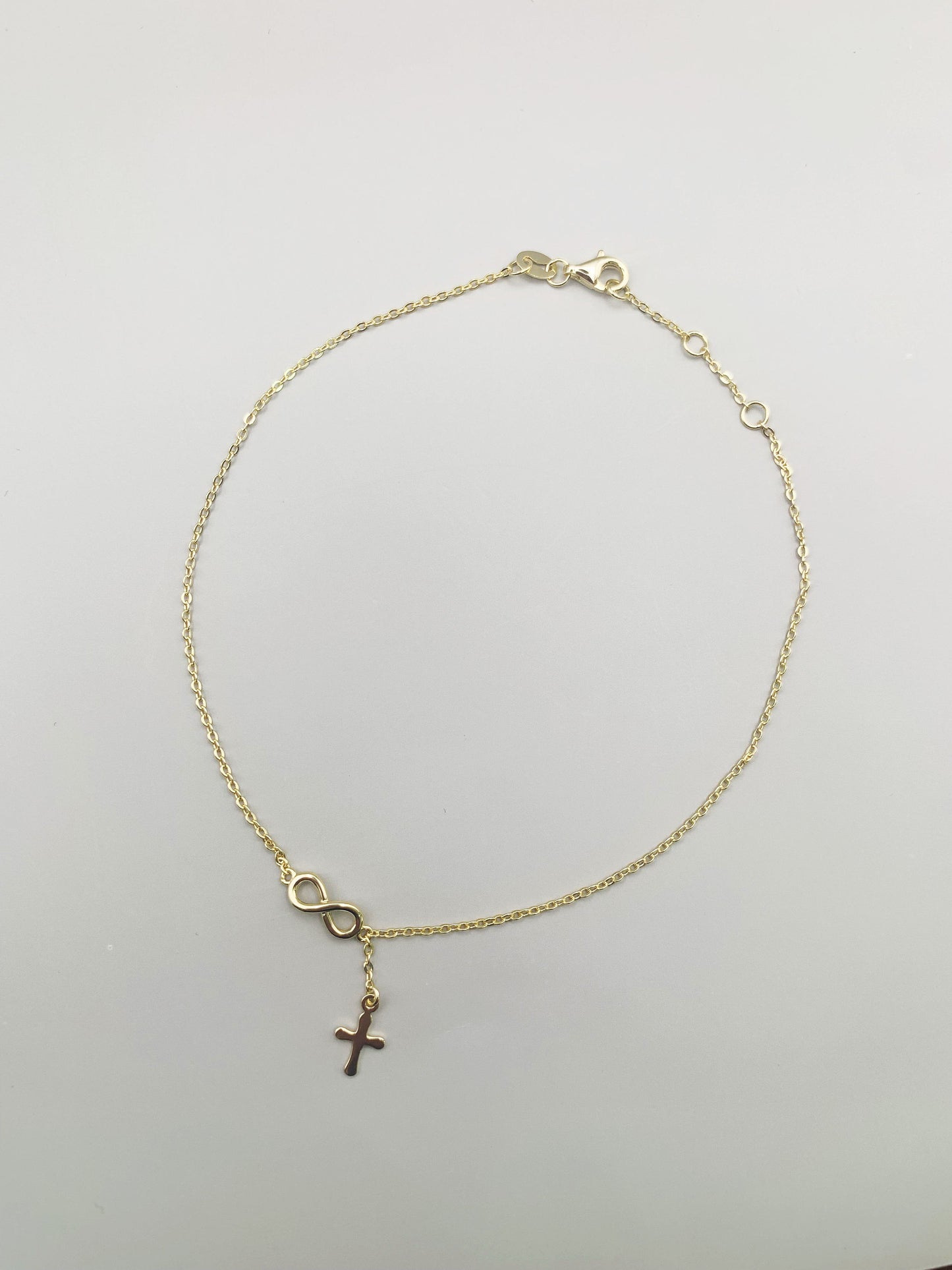 Infinity And Dangle Cross Anklet in Gold-Bonded Sterling Silver- 9, 9.5 and 10 Inches Adjustable