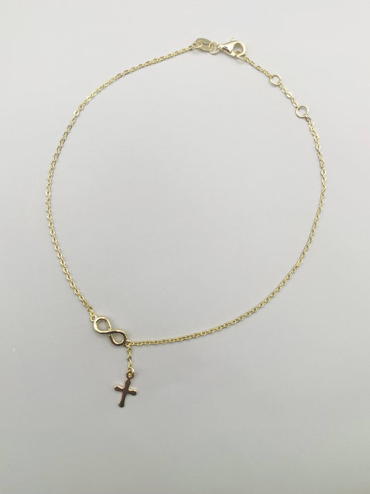 Infinity And Dangle Cross Anklet in Gold-Bonded Sterling Silver- 9, 9.5 and 10 Inches Adjustable