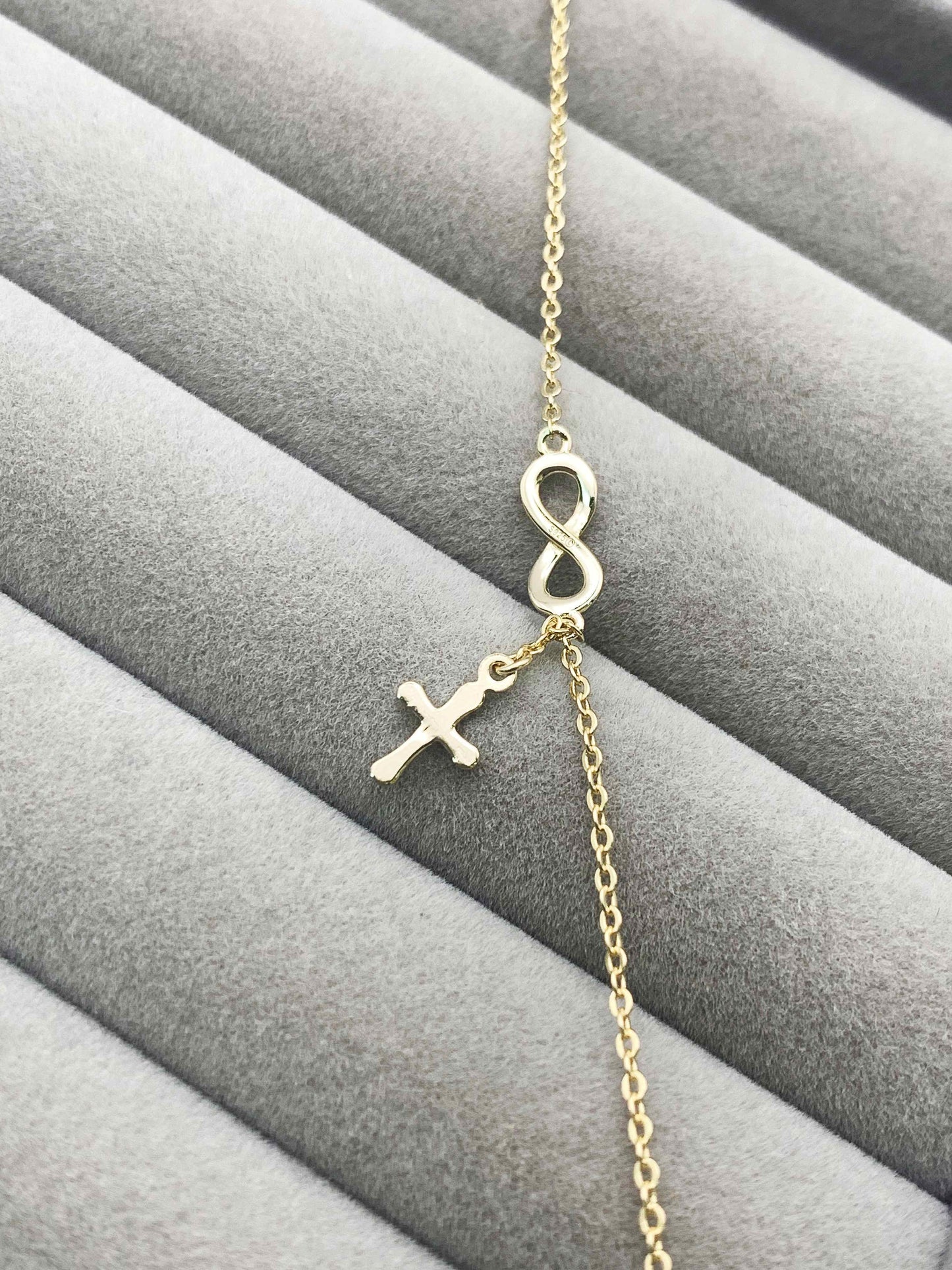 Infinity And Dangle Cross Anklet in Gold-Bonded Sterling Silver- 9, 9.5 and 10 Inches Adjustable