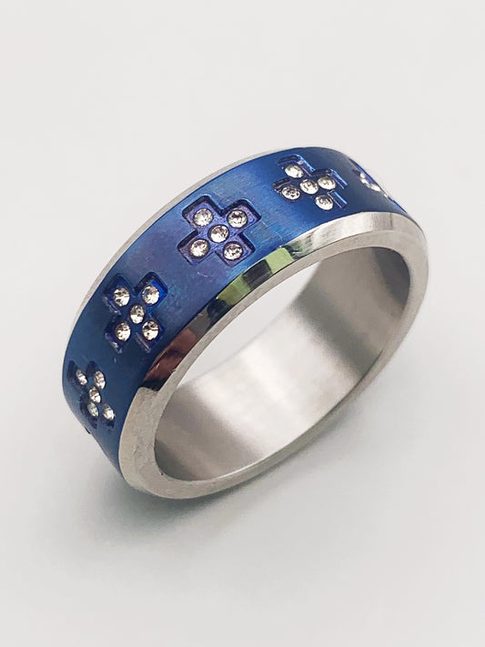 6mm Blue Cross Band Ring in Stainless Steel