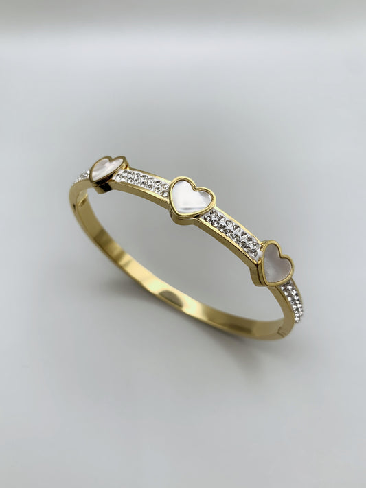 Gold Crystal White Hearts Bangle Bracelet-17cm